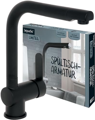 aquaSu® Limited Küchenarmatur Spüle, Kosten-sparende Kaltwassermittelstellung, Spültischarmatur Auslauf drehbar, Wasserhahn Küche, Keramikkartusche, Hochdruck, Messing, matt-schwarz, 870276 von aquaSu