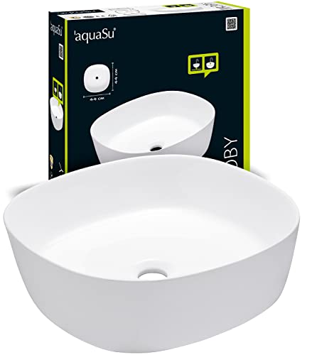 'aquaSu® Moderner Aufsatz-Waschtisch Roby 44 cm | Eckiges Design-Waschbecken | Waschbecken modern | Waschtisch Aufsatz-Montage | 44 x 44 cm | Sanitärkeramik weiß | 56237 9 von aquaSu