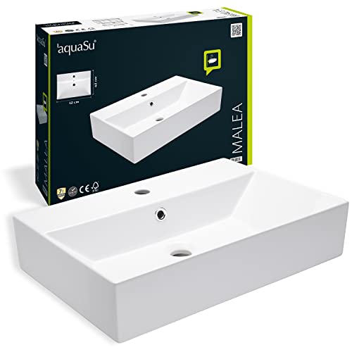 aquaSu® Moderner Waschtisch Malea 60 cm | Design-Waschbecken mit Überlauf und Hahnloch | Hänge-Waschbecken modern | Waschtisch wandhängend | 60 x 42 cm | Sanitärkeramik in weiß | 56230 0 von aquaSu