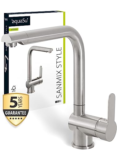 'aquaSu® Niederdruck Spültischarmatur Sanmix Style, für Boiler oder Warmwasseranschluss, hoher Auslauf, Keramikkartusche, leichte Schaftbefestigung, Messingkern, Edelstahl, 797818 von aquaSu