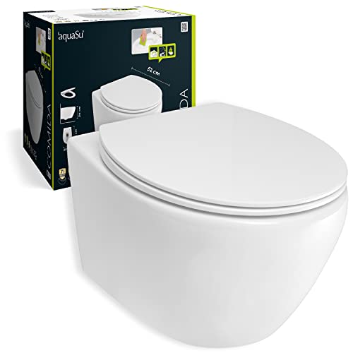 'aquaSu® Spülrandloses Wand WC Set Comida, Design-Toilette, Hänge WC, Tiefspüler, Keramik, Abgang waagerecht, WC-Sitz mit Absenkautomatik, Duroplast Toilettendeckel, Weiß, 04879 8 von aquaSu