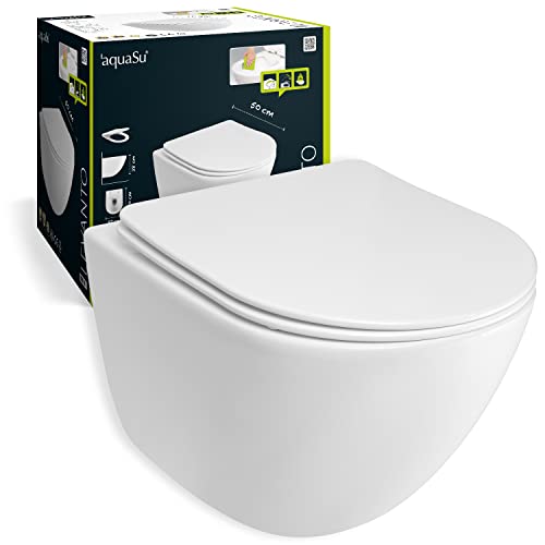 'aquaSu® Spülrandloses Wand WC Set Levanto, Design Hänge WC, Tiefspüler, Keramik, Abgang waagerecht, Slimline WC-Sitz mit Absenkautomatik, Duroplast Toilettendeckel, Weiß, 04552 0 von aquaSu