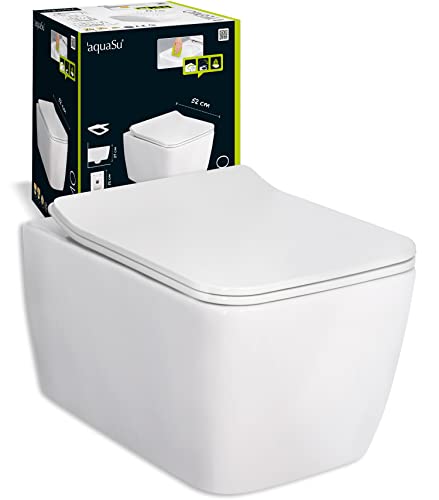 'aquaSu® Spülrandloses Wand WC Set Teemo, Hänge WC eckig, Tiefspüler, Keramik, Abgang waagerecht, Slimline WC-Sitz mit Absenkautomatik, Duroplast Toilettendeckel abnehmbar, Weiß, 04555 1 von aquaSu