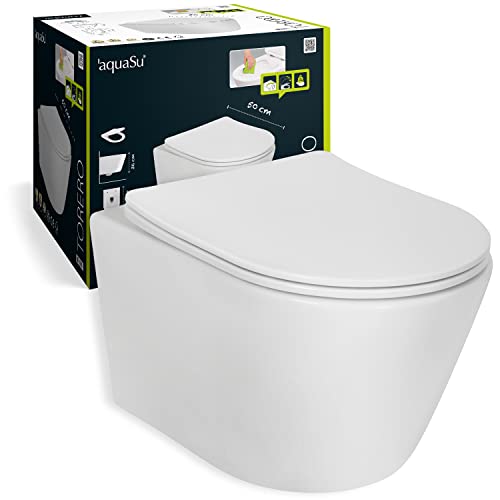 'aquaSu® Spülrandloses Wand WC Set Torero, Design Hänge WC, Tiefspüler, Keramik, Abgang waagerecht, Slimline WC-Sitz mit Absenkautomatik, Duroplast Toilettendeckel, Weiß, 04553 7 von aquaSu