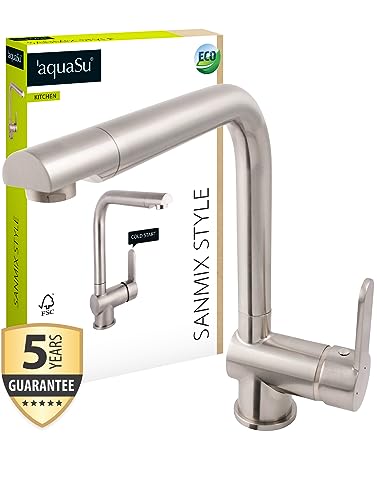 'aquaSu® Spültischarmatur Sanmix Style, Einhebelmischer mit Wasserspar-Kartusche, Kaltstart-Funktion, Wasserhahn für Spüle, Auslauf schwenkbar, Befestigung von oben, Messingkern, edelstahl, 795951 von aquaSu