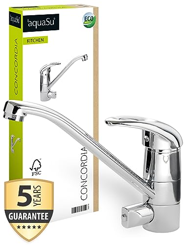 'aquaSu® Spültischarmatur mit Geräteanschluss Concordia, Einhebelmischer mit Wasserspar-Kartusche, Wasserhahn für Spüle, Auslauf schwenkbar, Standard-Befestigung, Messingkern, chrom, 796019 von aquaSu