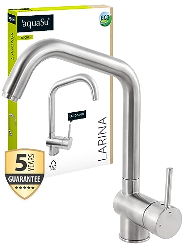 'aquaSu® Vorfensterarmatur Larina mit Wasserspar-Kartusche, herausnehmbar, hoher Auslauf, Kaltwassermittelstellung, Keramikkartusche, Befestigung von oben, Messingkern, edelstahl, 796149 von aquaSu