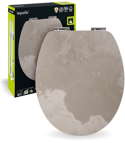 aquaSu® WC-Sitz mit Absenkautomatik, Echtstein Coffee Cloud, Toilettendeckel mit Echtstein-Oberfläche und Holzkern, Fast-Fix Schnellbefestigung, universale O Form, Toilettensitz Stein, 40695 6 von aquaSu