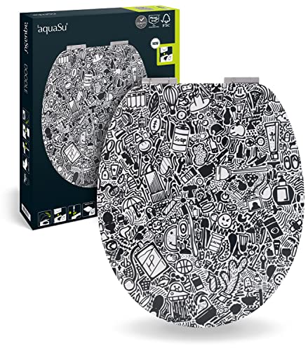 aquaSu® WC-Sitz mit Motiv Doodle | Holzkern Toilettendeckel mit Absenkautomatik | Belastbar bis 300 kg | 3-seitig | O-Form | Top-Fix | Take-Off | Kunststoffscharnier | Schwarz | 40745 8 von aquaSu