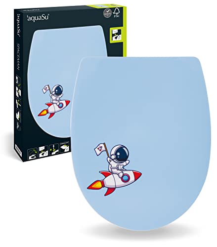 aquaSu® WC-Sitz mit Motiv Spaceman | Thermoplast Toilettendeckel mit Absenkautomatik | Belastbar bis 300 kg | O-Form | Top-Fix | Take-Off | Kunststoffscharnier | Blau | 40744 1 von aquaSu