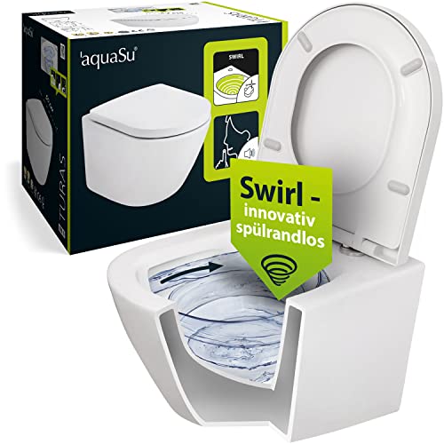 'aquaSu® Wand WC Spülrandlos 2.0, innovative Swirl Spültechnik, Spritzfrei & leise, Umweltfreundlich, Wasserzulauf seitlich, WC-Set Turas, WC-Sitz mit Absenkautomatik, Duroplast Weiß, 04996 2 von aquaSu