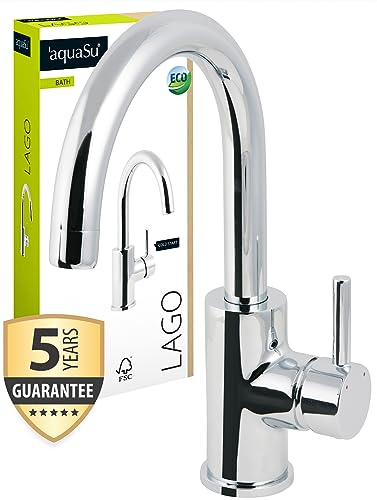 'aquaSu® Waschbeckenarmatur Lago, Einhebelmischer mit Wasserspar-Mischdüse, Waschtischarmatur, Kaltwassermittelstellung, Standard-Befestigung, Messingkern, verchromt, 795630 von aquaSu