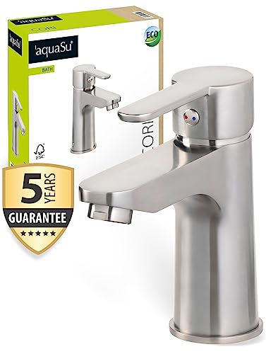 'aquaSu® Waschtischarmatur Cori, Kosten-sparende Wasserspar-Kartusche, Pop-Up-Ventil, Keramikkartusche, Montage von oben, Messingkern, Edelstahl, 798648 von aquaSu