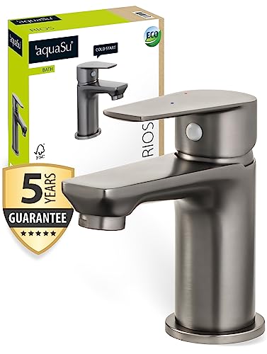 'aquaSu® Waschtischarmatur Rios, mit Wasserspar-Kartusche, Kosten-sparende Kaltwassermittelstellung, Pop-Up-Ventil, Keramikkartusche, Standard-Montage, Messingkern, industrial, 798693 von aquaSu