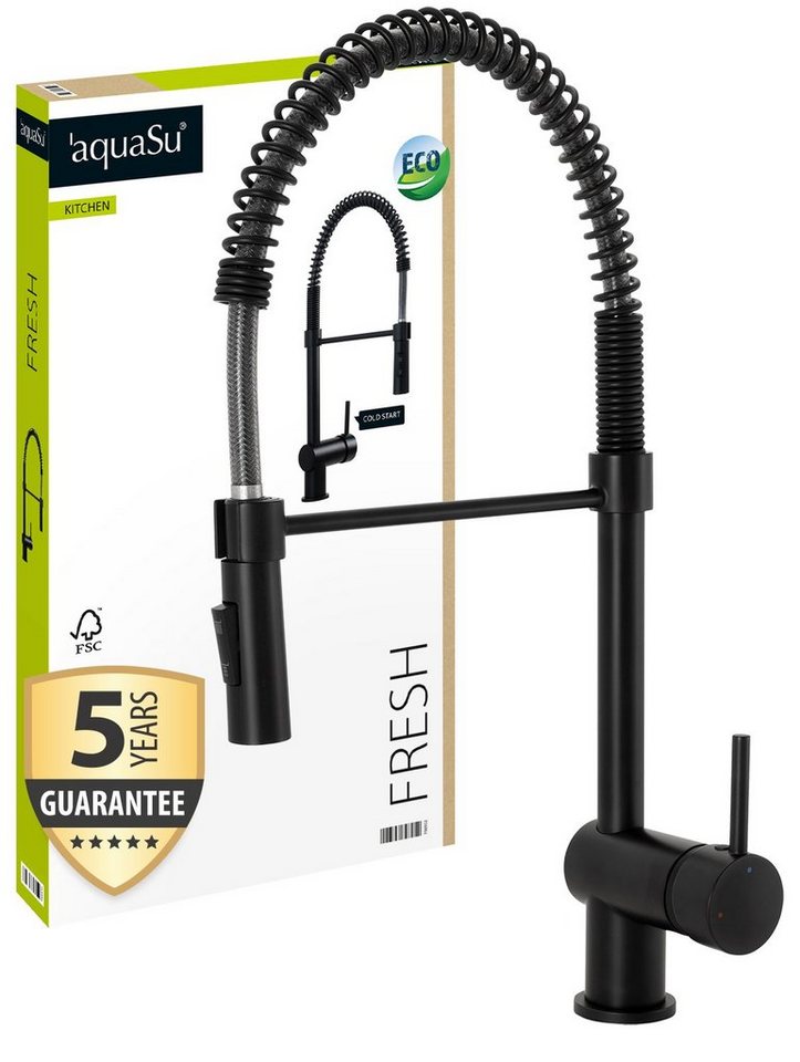 aquaSu Spültischarmatur Fresh Federbrause, Wasserspar-Kartusche, Hochdruck, Schwarz, 798952 von aquaSu