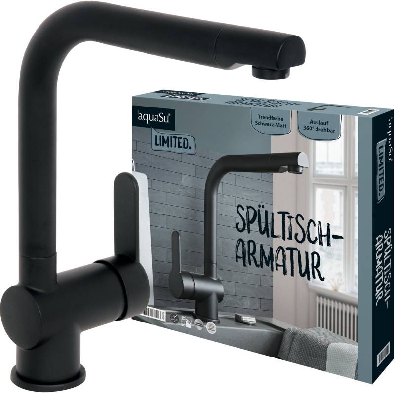 aquaSu Spültischarmatur Limited (Wasserhahn Küche, Küchenarmatur) Einhebelmischer, schwenkbarer Auslauf, Matt-Schwarz, Hochdruck, 870276 von aquaSu