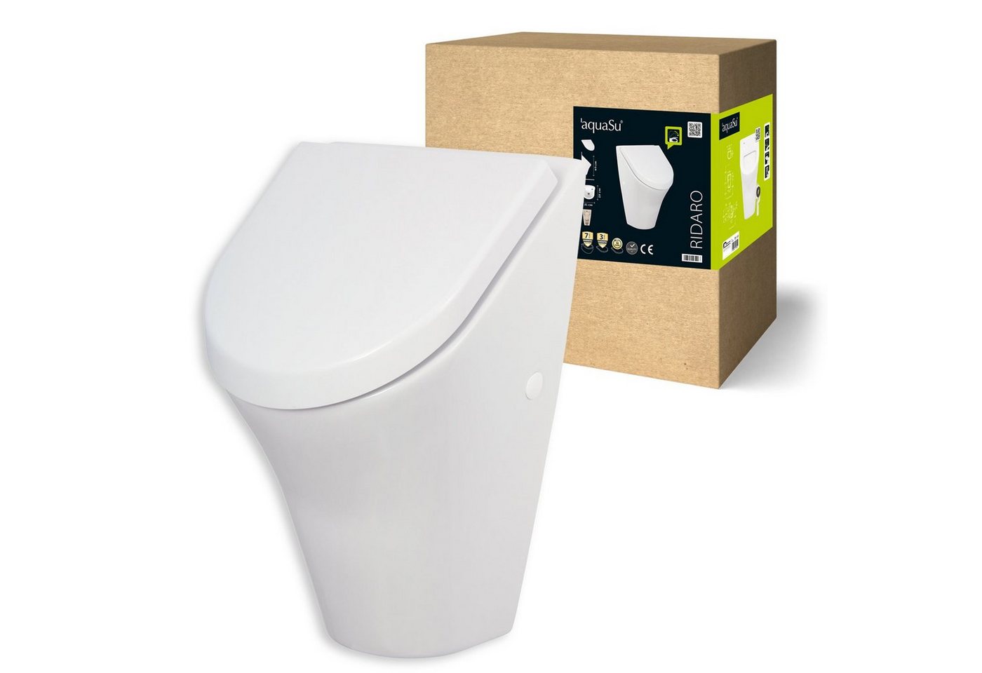 aquaSu Urinal ridaRo, Keramik, Abgang Hinten, (Urinal-Set, 2-tlg., mit Deckel, Absaugformstück), Absenkautomatik, Weiß, 556590 von aquaSu
