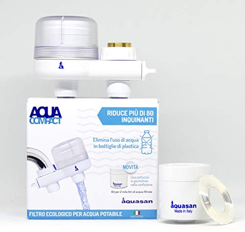AQUASAN Aquacompact Neues Kit 2000 Liter – Antikalk-Wasserhahnfilter mit 2 Kartuschen, Wasserreiniger, reduziert Mikroplastik entfernt Geschmacksgeruch (weiß) von aquasan
