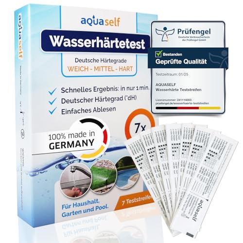 Wasserhärte Teststreifen – 7 Stück – Deutscher Härtebereich °dH – Wasserhärte messen in weich, mittel, hart – einzeln verpackt – Made in Germany Wasserhärte Teststreifen – 7 Stück – Deutscher Härtebereich °dH – Wasserhärte messen in weich, mittel, hart – einzeln verpackt – Made in Germany von aquaself
