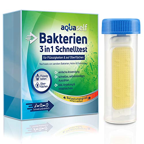 aquaself Bakterien Test für Wasser – 1 Schnelltest – 3-in-1 Test auf Bakterien, Hefen, Pilze für Flüssigkeiten & Oberflächen von aquaself