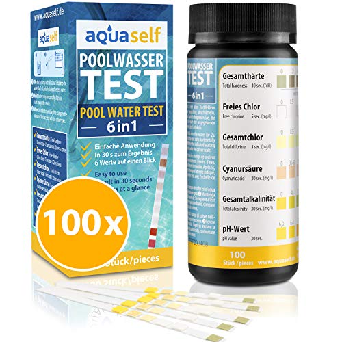 aquaself Poolwasser-Test 6-in-1 – Wassertester für Pool auf pH, freies Chlor, Gesamtchlor, GH, Cyanursäure, Gesamtalkalinität – 100 Stück Wasserteststreifen. von aquaself