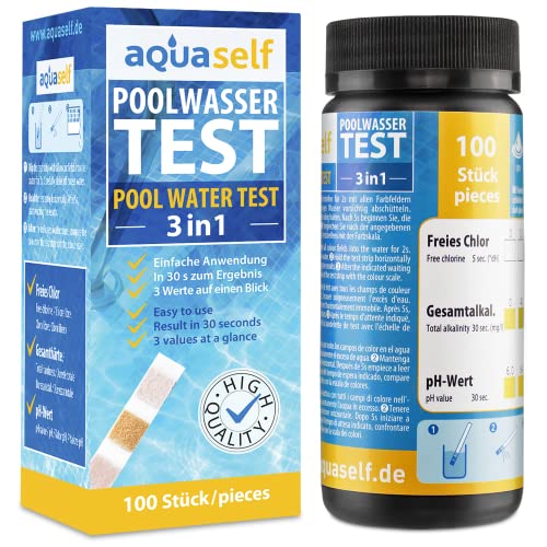 aquaself Poolwasser-Test BASIS – Wassertester für Pool auf pH und Chlor und Gesamtalkalinität – 100 Stück Wasserteststreifen. von aquaself