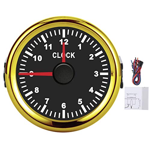 aqxreight - Clock Gauge, 2 Zoll 9-36V Rot LED Hintergrundbeleuchtung IP67 Staubdicht Wasserdicht für Auto Boot Yacht Motorrad(Goldrahmen mit schwarzem Zifferblatt) von aqxreight