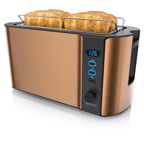 Arendo - Edelstahl Toaster Langschlitz 4 Scheiben - Defrost Funktion - wärmeisolierendes Gehäuse - mit integriertem Brötchenaufsatz - 1500W - Krümelschublade - Display mit Restzeitanzeige - Kupfer von Arendo