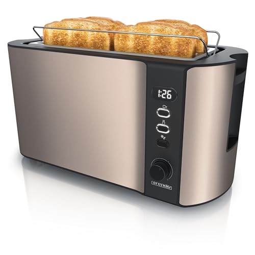 Arendo - Edelstahl Toaster Langschlitz 4 Scheiben - Defrost Funktion - wärmeisolierendes Gehäuse - mit integriertem Brötchenaufsatz - Krümelschublade - Display mit Restzeitanzeige - Bronze Design von Arendo