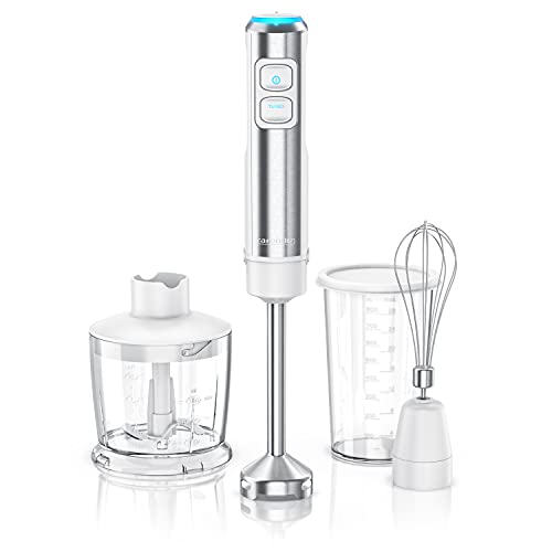 Arendo - Stabmixer Edelstahl 1200 Watt Set - DC Motor - inkl. 800 ml Messbecher + Schneebesen - 2 Geschwindigkeitsstufen – Turbotaste – abnehmbarer Edelstahl Mixfuß - blaue LEDs - weiß von Arendo