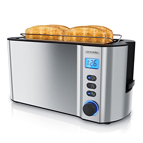 Arendo - Toaster Edelstahl Langschlitz 4 Scheiben - Doppelwandgehäuse - Integrierter Brötchenhalter - Bräunungsgrade 1-6 - Brotzentrierung – automatisch Abschaltung – Display mit Restzeitanzeige von Arendo