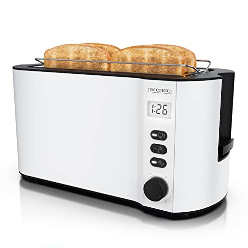 Arendo - Toaster Edelstahl Langschlitz 4 Scheiben - Doppelwandgehäuse - Integrierter Brötchenhalter - Bräunungsgrade 1-6 - Brotzentrierung – automatisch Abschaltung – Display mit Restzeitanzeige von Arendo