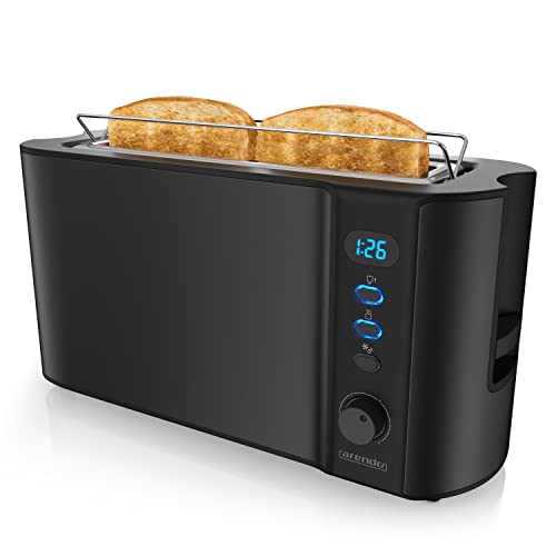 Arendo - Toaster Langschlitz 2 Scheiben - Defrost Funktion - 1000 W - Doppelwandgehäuse - Integrierter Brötchenaufsatz - Bräunungsgrade 1-6 – Display mit Restzeitanzeige - Edelstahl schwarz matt von Arendo