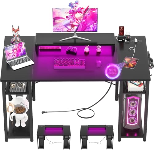 armocity Computertisch mit LED-Leuchten, 48 Zoll großer reversibler Schreibtisch mit Steckdose und USB, 48 Zoll Gaming PC Tisch mit mobiler Monitorhalterung für von Armocity