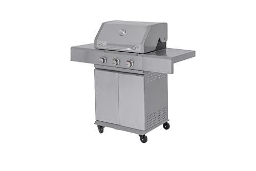 aro Gasgrill mit 3 Brennern, 9 kW Leistung, Ablagetisch, Thermometer, fahrbar, Stahl/Edelstahl, silber von aro