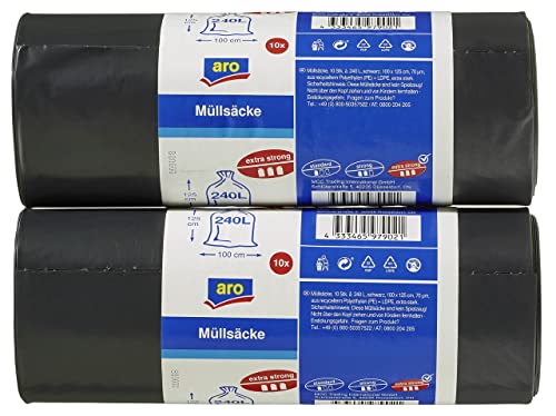 aro Müllsäcke Schwarz, 240 Liter, extra strong, HDPE + LDPE, 70µm, 2 Rollen x 10 Stück (20 Stück) von aro