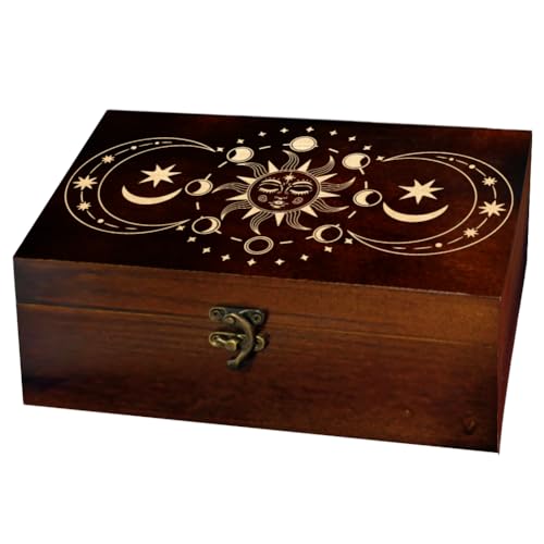 arricraft 1 Stück Gedenk Aufbewahrungsbox Aus Holz Rechteckige Tarotbox Aus Kiefernholz Mit Geschnitztem Muster In Form von Sonne Und Mondphase Zur Aufbewahrung von Schmuckbrettern Zum Jahrestag von arricraft