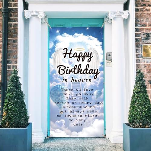 arricraft 1 x Himmel Happy Birthday Polyester Türabdeckung Beerdigung Erinnerung Hintergrund Banner Tür Veranda Schild Fotografie Hintergrund für Indoor Outdoor Veranda Home Decor Zubehör von arricraft