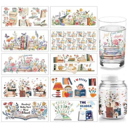 arricraft 10 Blatt Buchserie UV DTF Cup Wrap Für 16OZ Glas Abziehbilder Zum Aufreiben von Tischlampen Mit Katzenmotiv Blumen Und Blättern PVC Transferaufkleber Für DIY Libbey Becher von arricraft