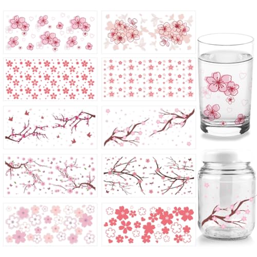 arricraft 10 Blatt Kirschblüten UV DTF Becherfolie Für 16OZ Glas Blumen Schmetterlinge Zweige Abziehbilder PVC Transferaufkleber Zum Aufreiben Für DIY Tassen Flaschen Möbel Holz Garten von arricraft