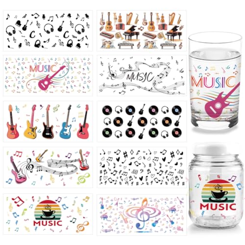 arricraft 10 Blatt Musikthema UV DTF Cup Wrap Für 16OZ Glas Abziehbilder Mit Cartoon PVC Transferaufklebern Für Gitarre Klavier Warphone Noten Zum Aufreiben Für Selbstgemachte Tassen von arricraft