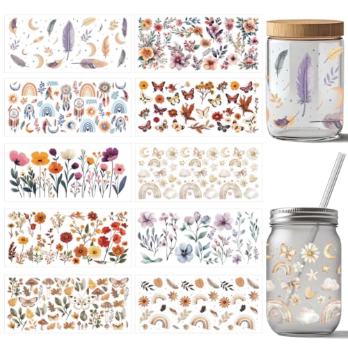 arricraft 10 Blatt UV DTF Becherfolien Für 16 OZ Glasbecher 10 Stil Boho Regenbogen Blumen Traumfänger Abziehbilder PVC Transferaufkleber Wasserfeste Abziehbilder Für Glasbechermöbel von arricraft