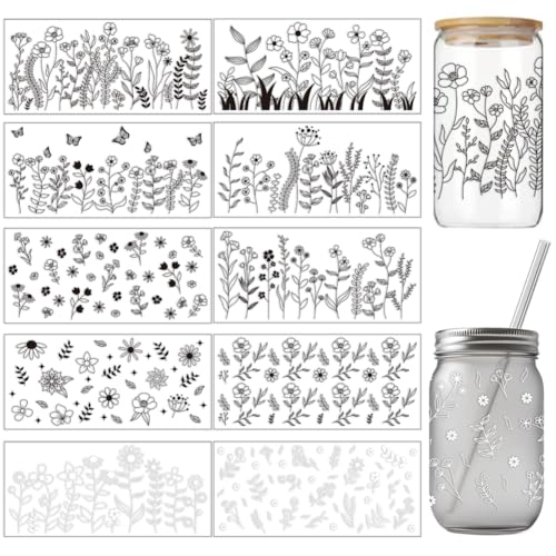 arricraft 10 Blatt UV DTF Becherfolien Für 16 OZ Glasbecher 10 Stile Weiße Wildblumen Massive Wildblumen Abziehbilder PVC Transferaufkleber Wasserfeste Abziehbilder Für Tassen Möbel von arricraft