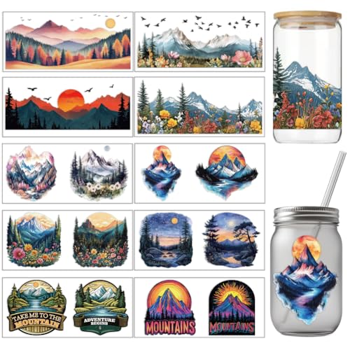 arricraft 10 Blatt UV DTF Becherfolien Für 16 OZ Glasbecher 10 Stile: Berge Bäume Flüsse Fliegende Vögel PVC Transferaufkleber Wasserfeste Abziehbilder Für Glas Tassen Möbel von arricraft