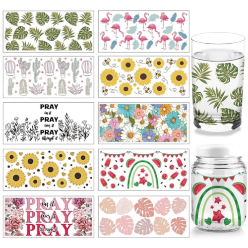 arricraft 10 Blatt UV DTF Cup Wrap, 10 Stil Sommer Wassermelone Kaktus Sonnenblume Rub Auf Transfers PVC Papier Wasserdicht Rub Aufkleber Für DIY 16OZ Glas Tassen Möbel Holz Handwerk von arricraft