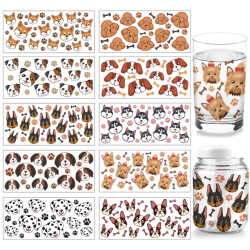 arricraft 10 Blatt UV DTF Cup Wrap, 10 Stil Tiermotiv Hundekopf Fußabdruck Abziehbilder Zum Aufreiben PVC-Papier Wasserfest Abziehbilder Für DIY 16OZ Glasbecher Möbel Holzhandwerk von arricraft