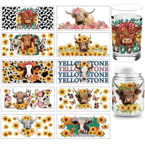 arricraft 10 Blatt UV DTF Cup Wrap, 10 Stile Bunte Kuh Sonnenblumen Worte Rub Auf Transfers PVC Transfer Aufkleber wasserdichte Rubbelbilder Für DIY 16OZ Glas Tassen Möbel von arricraft