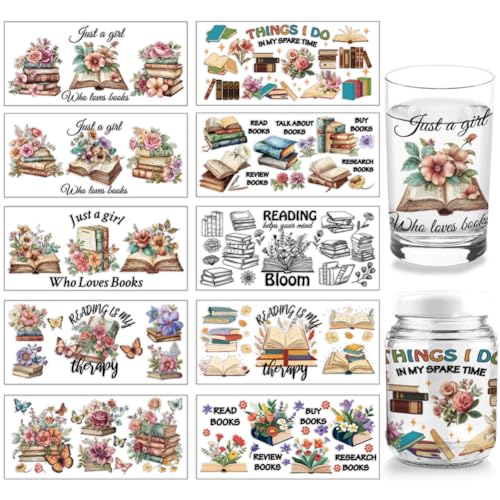 arricraft 10 Blatt UV DTF Cup Wrap, 10 Stile Bunte Vintage-Blumenbuchwörter Zum Aufreiben von Transfers, PVC-Transferaufkleber, Wasserfeste Abziehbilder Für DIY 16OZ Glasbecher von arricraft