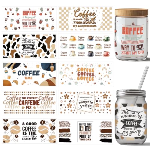 arricraft 10 Blatt UV DTF Cup Wrap 10 Stile Kaffeethema Desserts Kaffeeliebhaber Abziehbilder Zum Aufreiben PVC Transferaufkleber Wasserfeste Abziehbilder Zum Selbermachen 16OZ Glas Tassen Möbel von arricraft