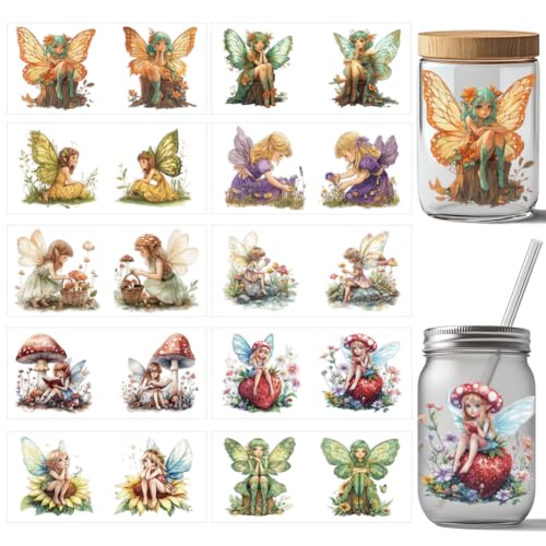 arricraft 10 Blatt UV DTF Cup Wrap 10 Stile Süße Fee Blumen Pilz Blumen Fee Abziehbilder PVC Transferaufkleber Wasserfeste Abziehbilder Zum Selbermachen 16OZ Glas Tassen Möbel Holz von arricraft